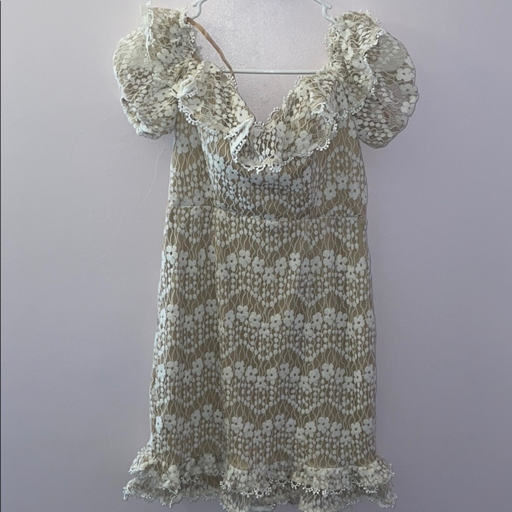 Floral Lace Overlay Dress Beige